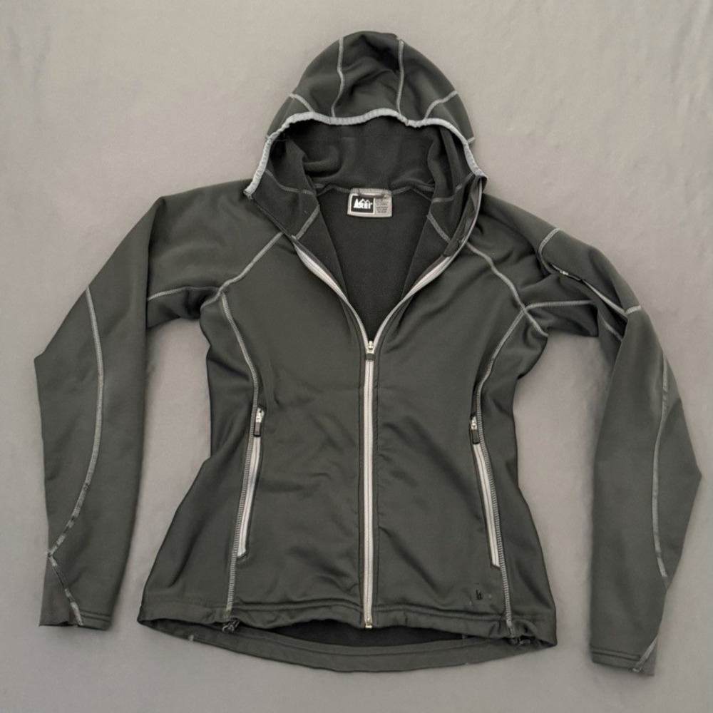 REI Jacket Womens Small Black Full Zip Hooded Zipper Pocket Stretch Fleece Lined